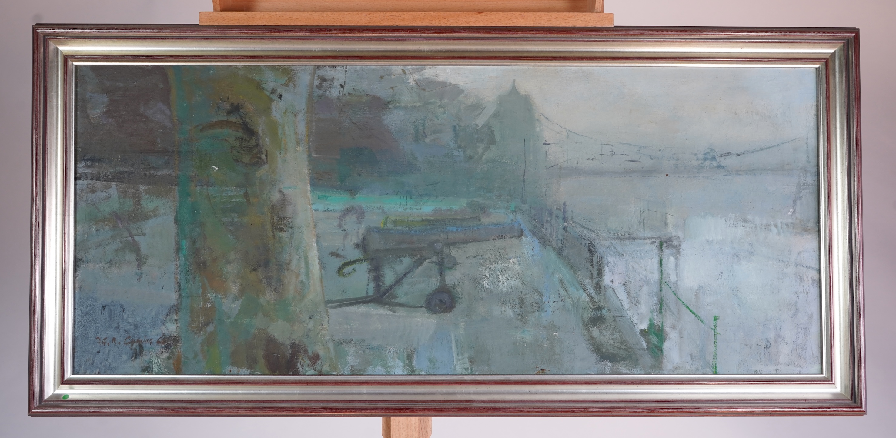 Fred Cuming RA, 1930-2022, Cannons on the Embankment, with Tower Bridge beyond